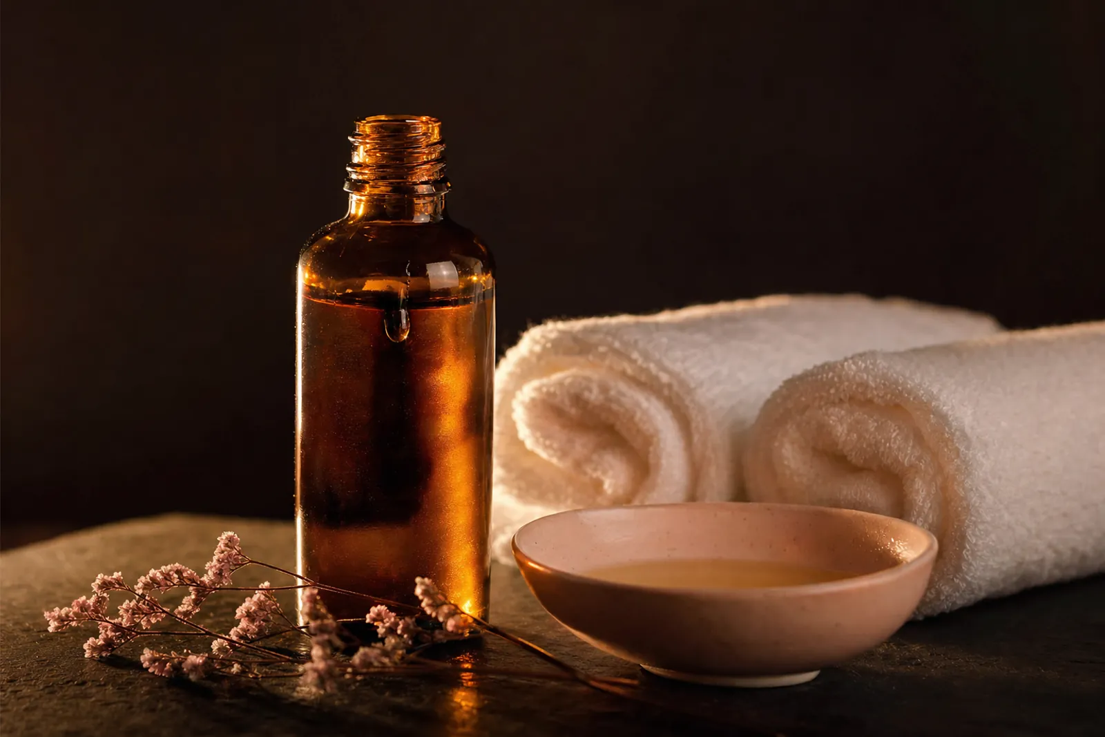 Flacon d’huile de massage ambré, bol en céramique et serviettes roulées : le drainage se pratique entièrement à la main.
