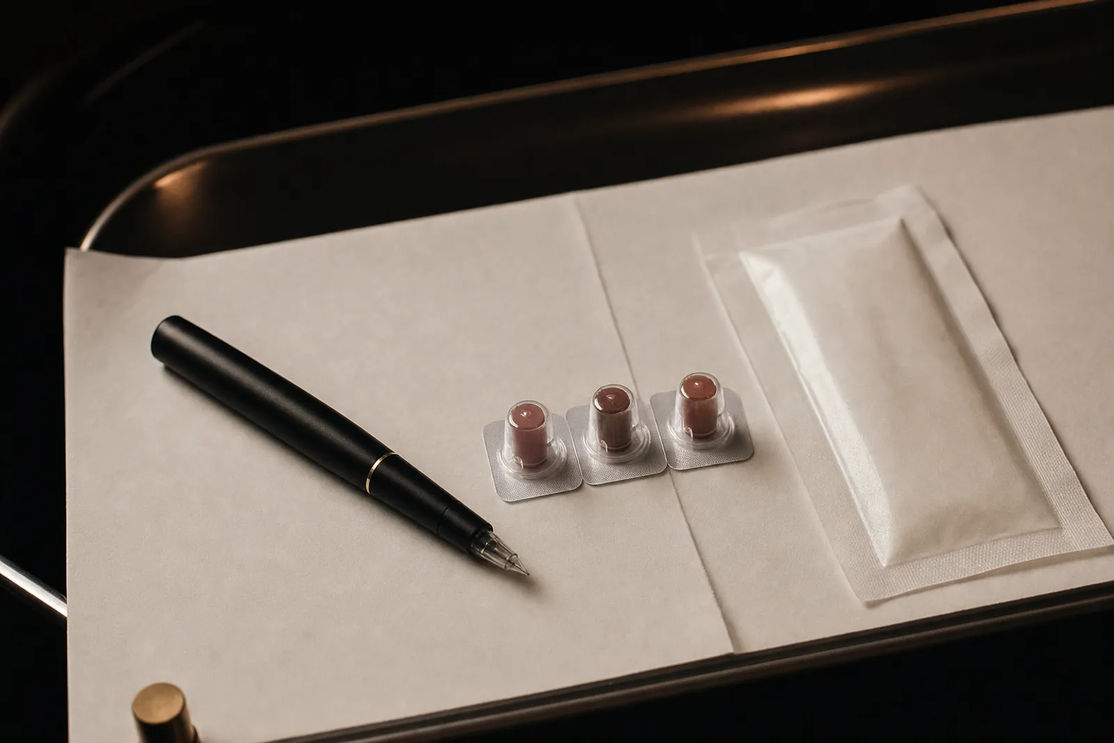 Poste de maquillage semi-permanent : stylet à bande dorée sur papier stérile et trois capsules de pigment scellées.
